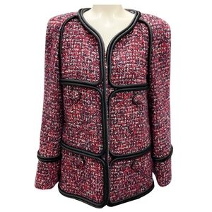 CHANEL RED / NAVY / BLACK SILK TRIMMED BOUCLE CASHMERE TWEED JACKET